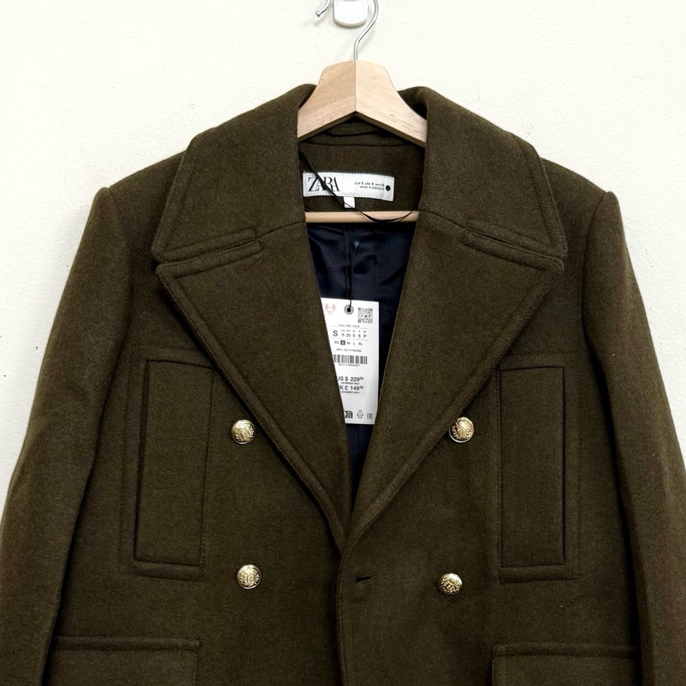 NWT Zara Wool Double-Breasted Pea Coat in Dark Olive Green Sz S - Picture 11 of 17